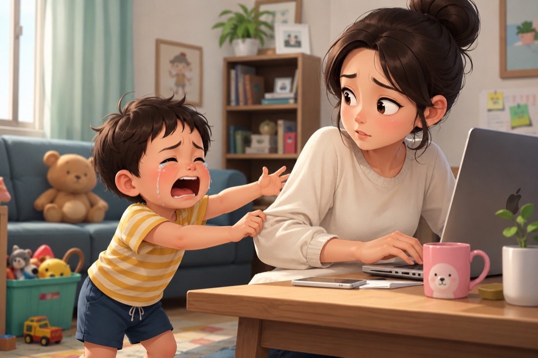 Con khóc đòi mẹ trong khi mẹ đang mải làm việc trên laptop