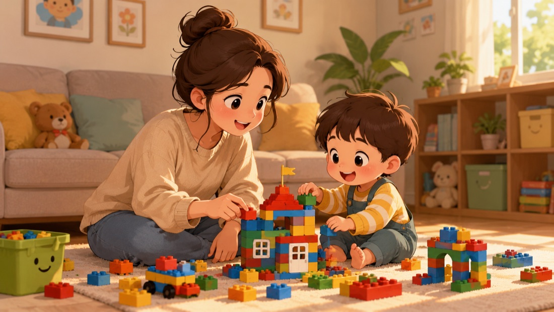 Mẹ ngồi chơi xếp hình cùng con trên sàn nhà, cả hai đều vui vẻ