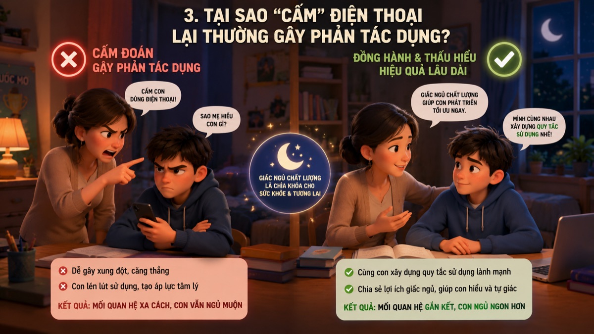 So sánh: cấm đoán gây phản tác dụng và mối quan hệ xa cách, trong khi đồng hành & thấu hiểu giúp con ngủ ngon hơn
