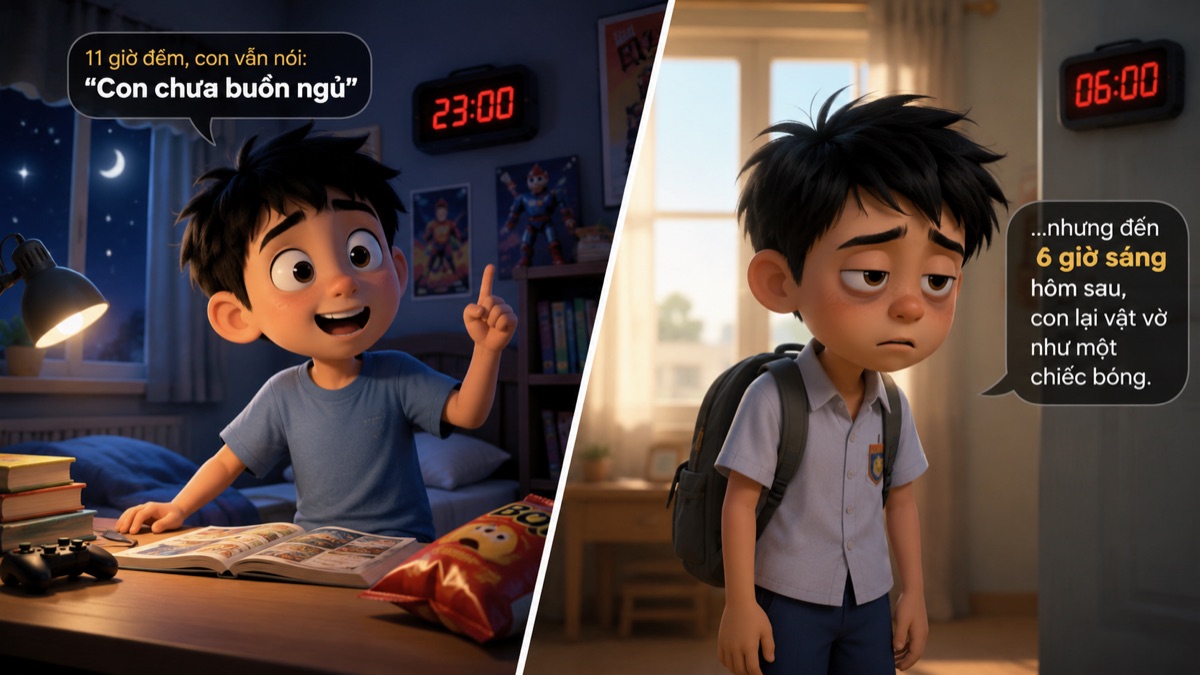 Con thức khuya lúc 23 giờ nhưng vẫn vật vờ mệt mỏi lúc 6 giờ sáng hôm sau
