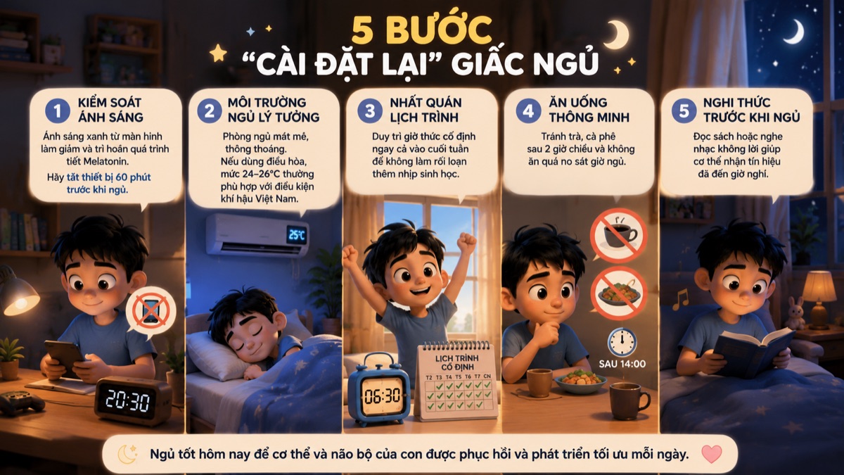 5 bước cài đặt lại giấc ngủ: kiểm soát ánh sáng, môi trường ngủ lý tưởng, nhất quán lịch trình, ăn uống thông minh, nghi thức trước khi ngủ