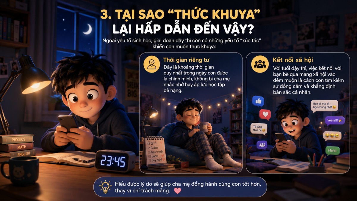 Lý do tuổi dậy thì thích thức khuya: thời gian riêng tư và kết nối xã hội