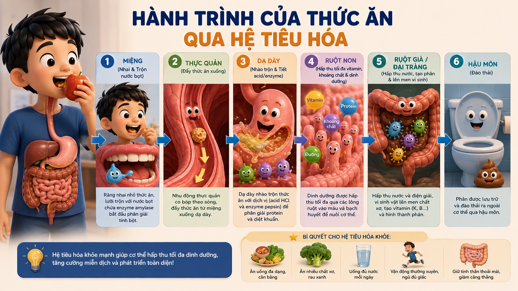 Hành trình của thức ăn qua hệ tiêu hóa của trẻ, từ miệng đến hậu môn
