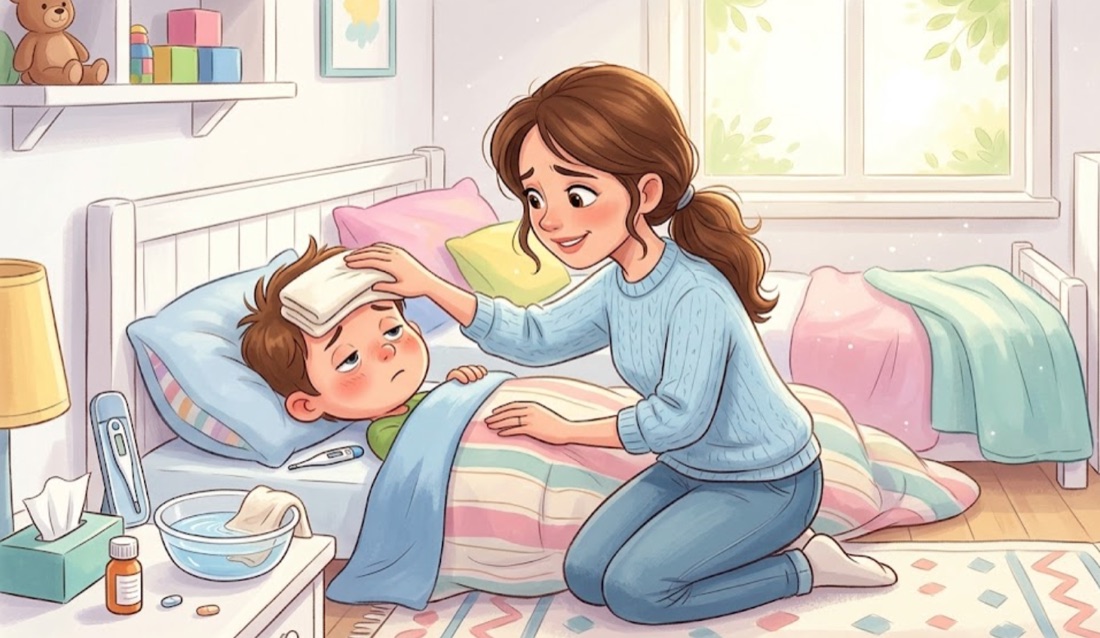 Mẹ chăm sóc con bị ốm tại nhà