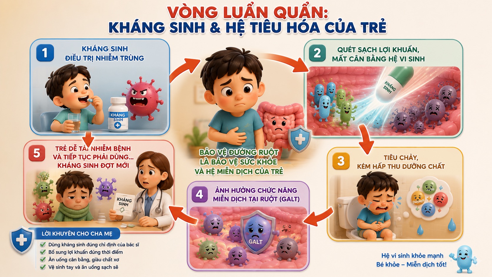 Vòng luẩn quẩn giữa kháng sinh và hệ tiêu hóa của trẻ