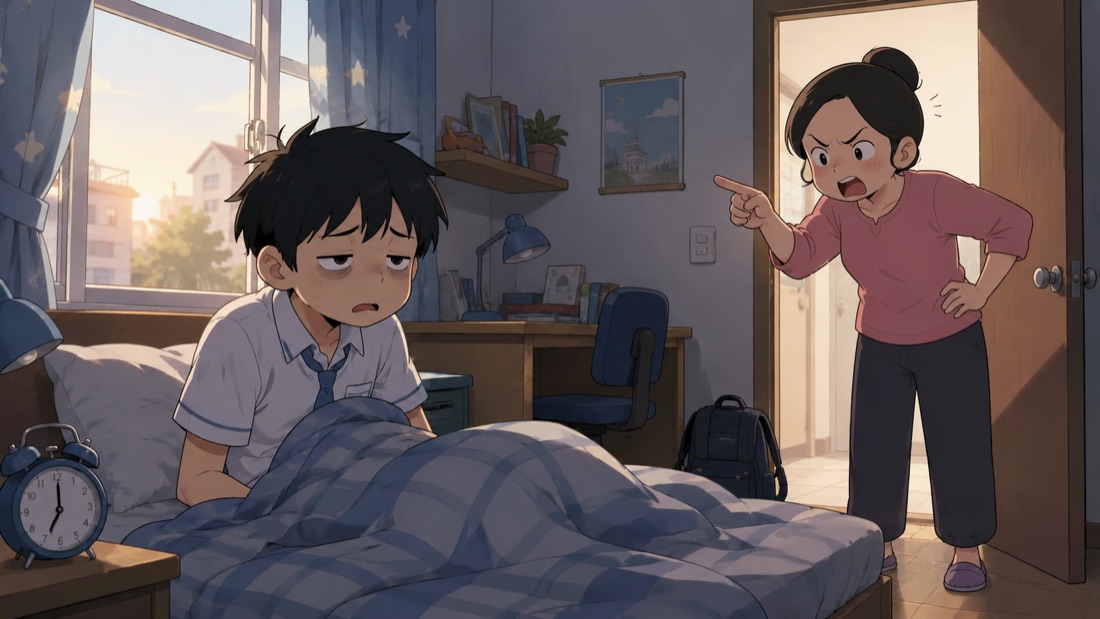 Con ngồi im lìm trên giường buổi sáng trong khi mẹ đứng ngoài cửa la mắng