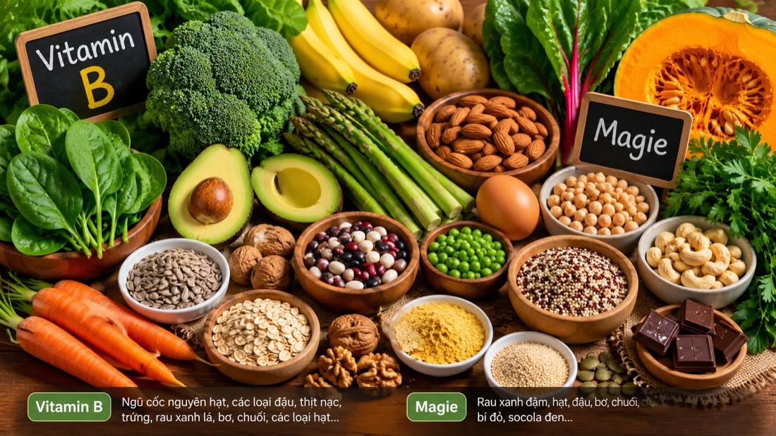 Các thực phẩm giàu Vitamin nhóm B và Magie: rau xanh, hạt, bơ, chuối, socola đen