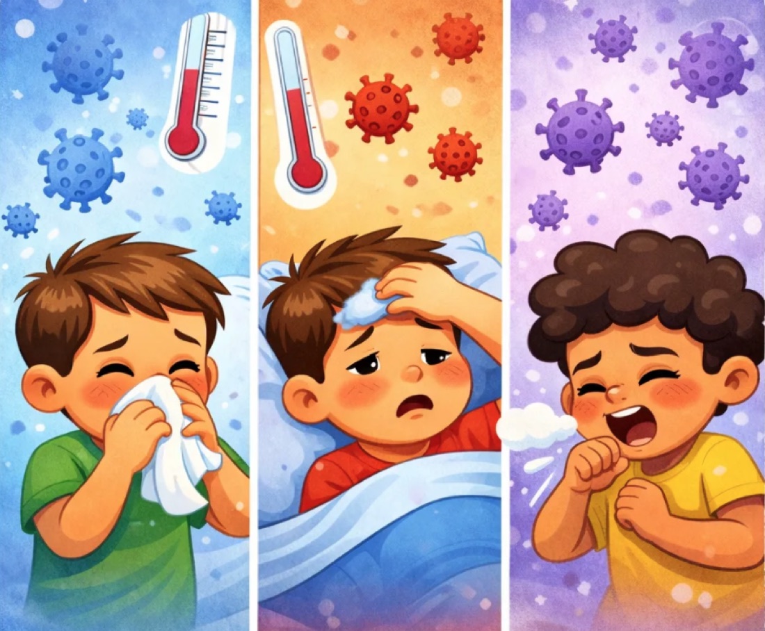 Trẻ có các triệu chứng sốt, sổ mũi, ho do cúm mùa