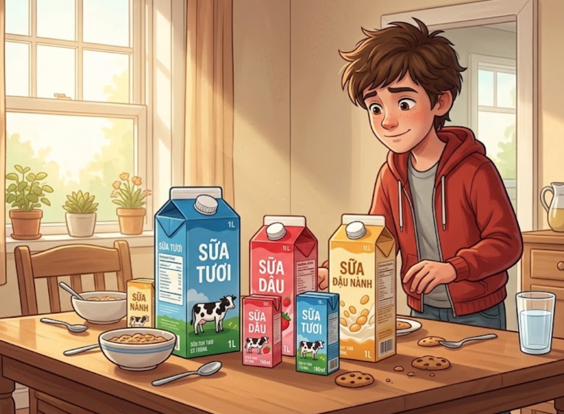 Trẻ đứng trước nhiều loại sữa khác nhau