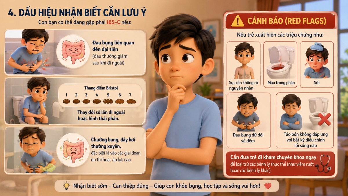 Dấu hiệu nhận biết IBS-C ở trẻ và các dấu hiệu cảnh báo đỏ cần đưa trẻ đi khám ngay