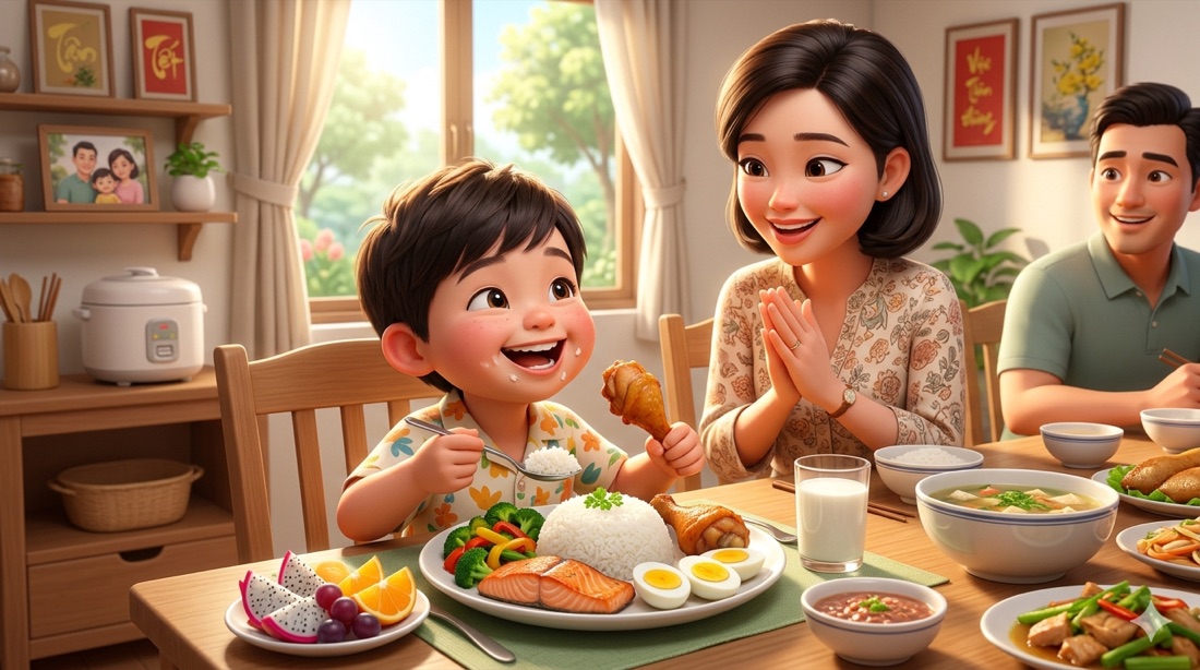 Bé vui vẻ ăn ngon miệng cùng gia đình quanh mâm cơm