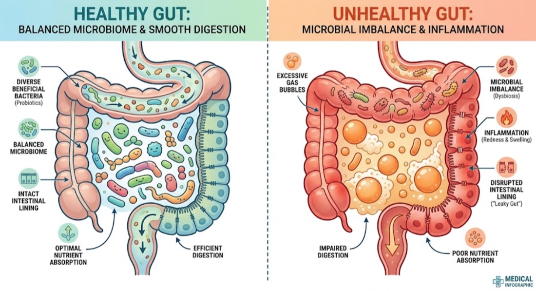So sánh hệ tiêu hóa khỏe mạnh và hệ tiêu hóa rối loạn
