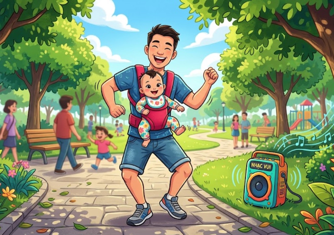 Cha cùng con nghe nhạc và vận động ngoài công viên