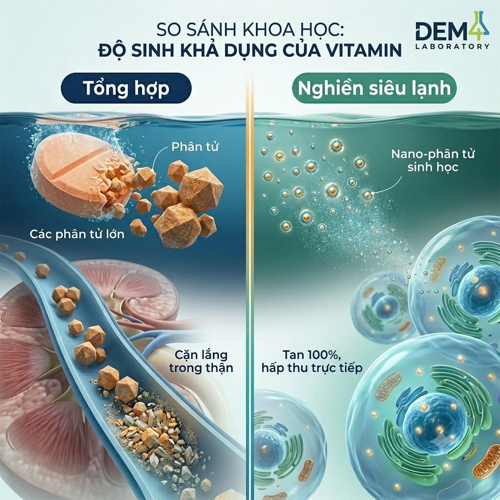 So sánh độ sinh khả dụng: Vitamin tổng hợp gây cặn lắng vs công nghệ nghiền siêu lạnh tan 100%