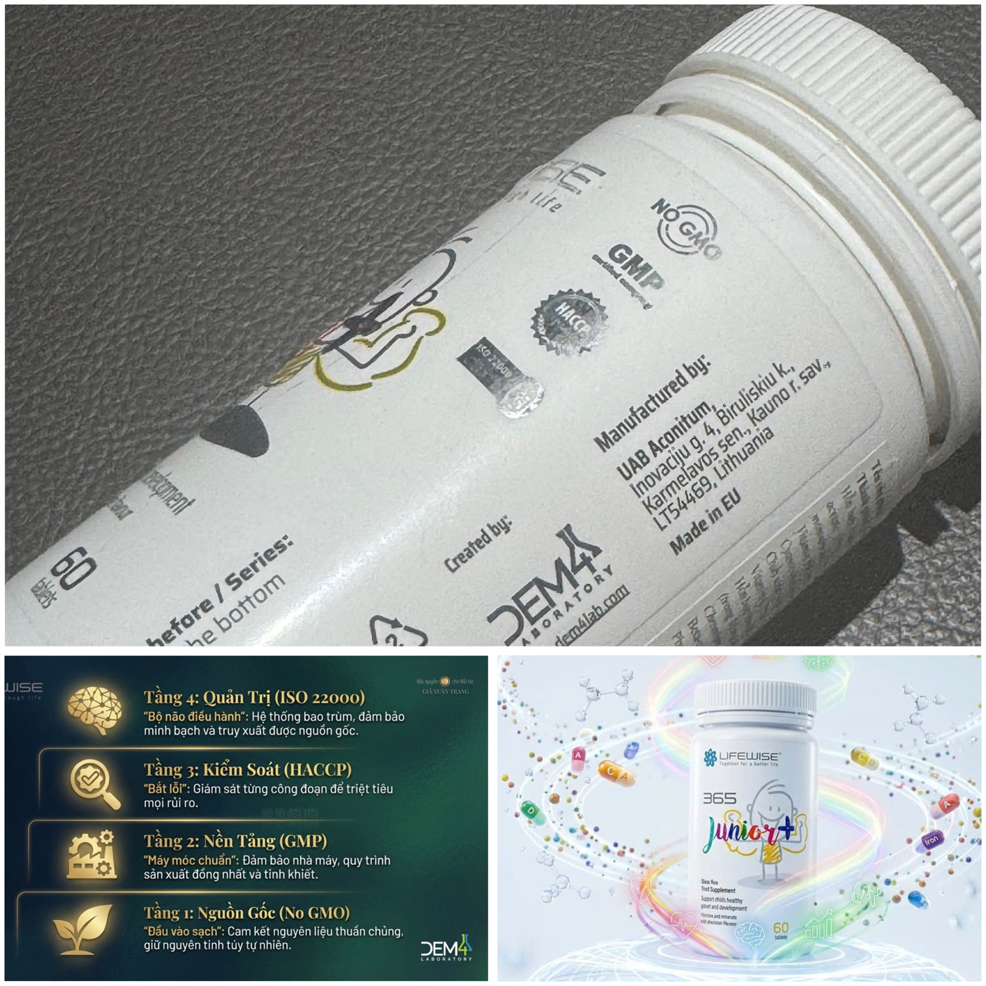 Chứng nhận & nguồn gốc EU in trên vỏ hộp LifeWise 365 Junior+ — Made in EU, DEM4 Laboratory, ISO 22000, HACCP, GMP