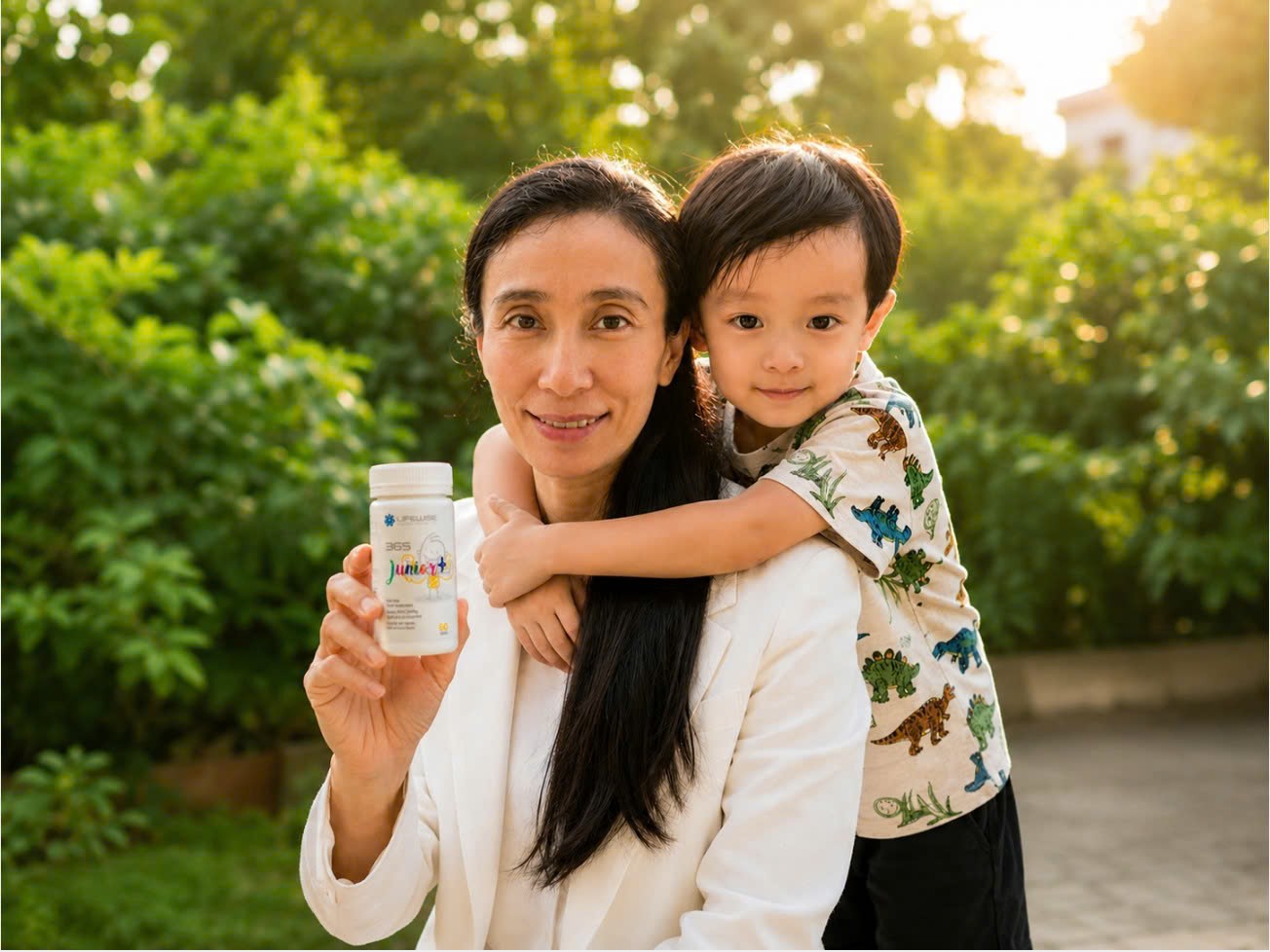 Mẹ Trang bên cạnh sản phẩm LifeWise 365 Junior+